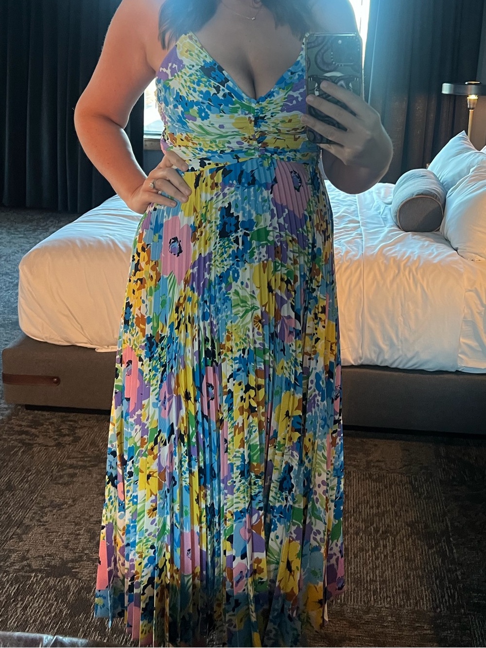 Astr Floral Pleated Maxi Dress in Yellow, Blue, Pink & Green